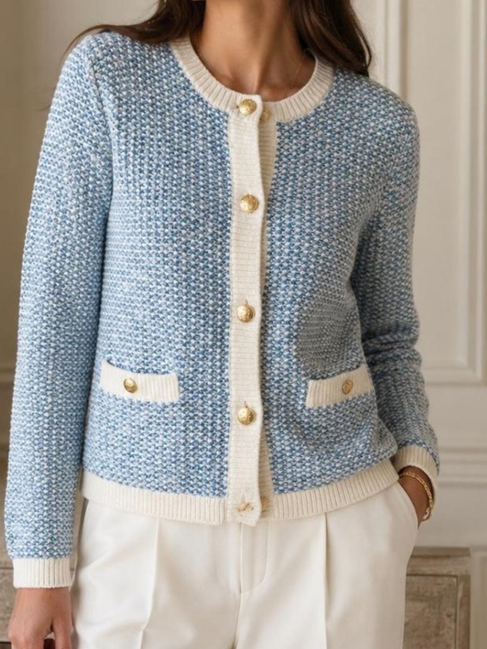 J. Crew Blue and Cream Cropped Knit Cardigan